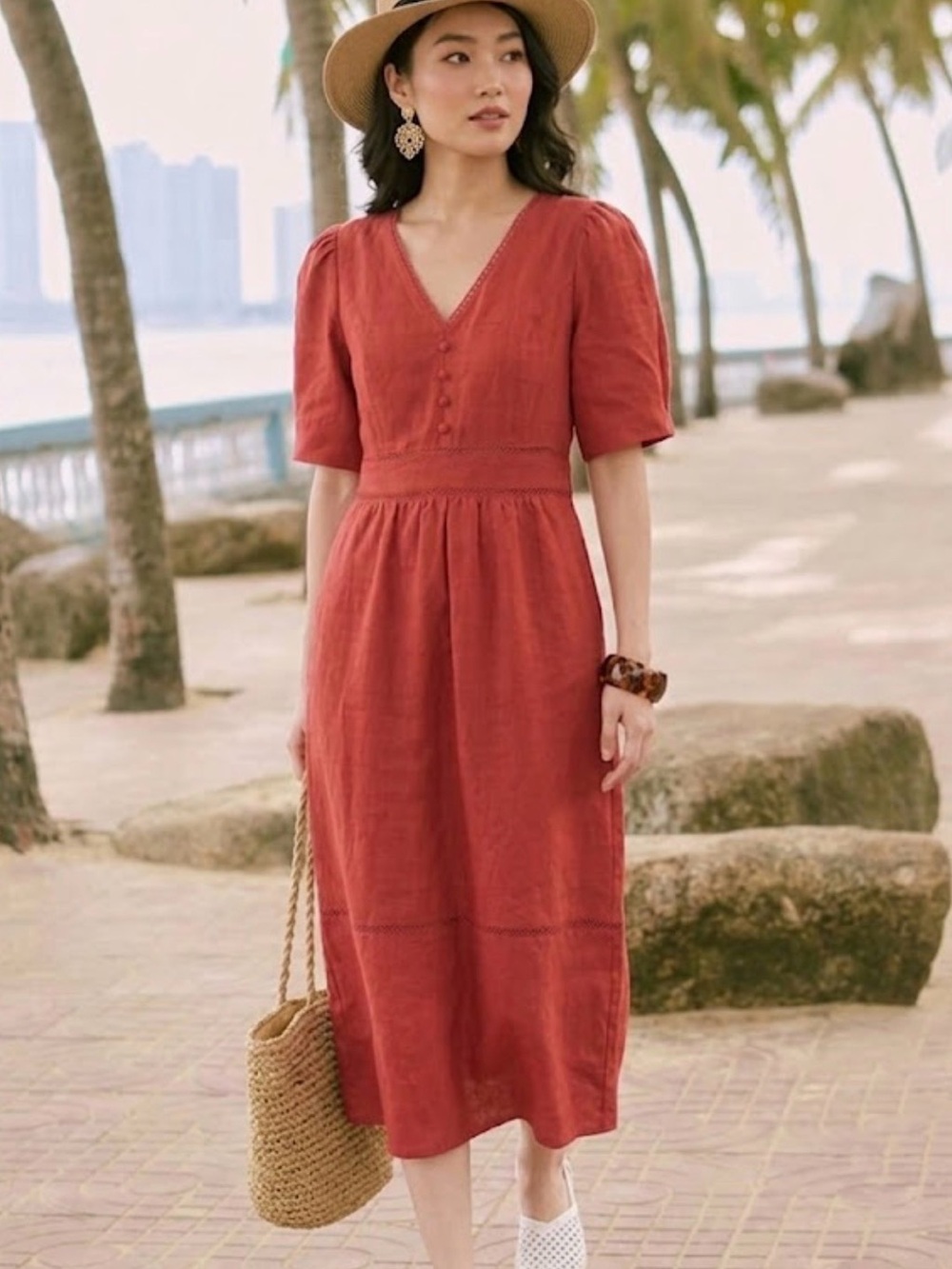 Petite Studio Meryl Linen Puff Sleeve Lace Detail Dress Size S